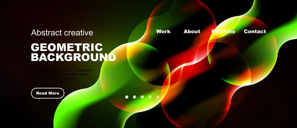 Dynamic abstract design features vibrant green, orange, red hues. Website h.. Illustrazione stock