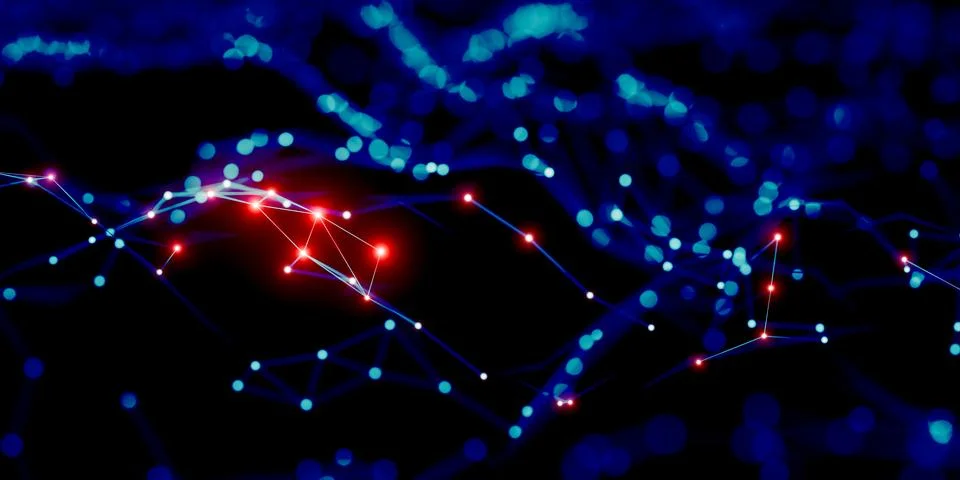 Dynamic abstract digital network connection featuring glowing red nodes over  Fotos de archivo