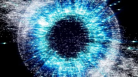 Dynamic abstract eye composed of sparkling blue and white particles Video stock 328261372