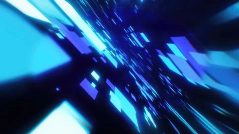 A dynamic abstract glowing blue squares moving through a dark space for con.. Foto stock