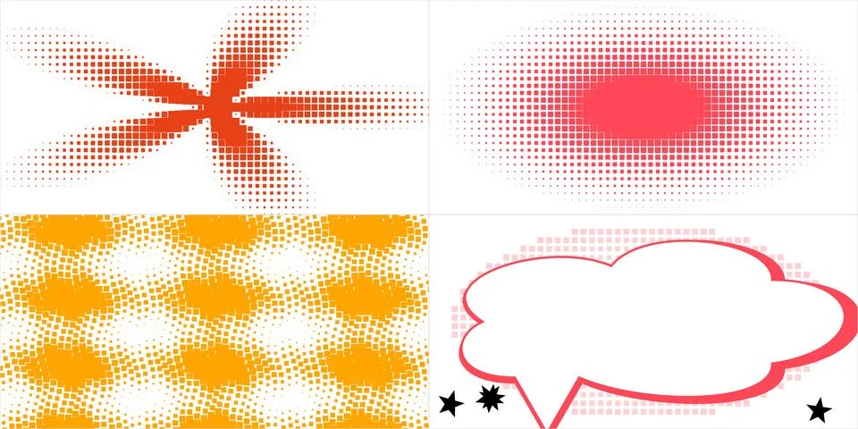Dynamic abstract graphic design elements featuring halftone patterns and a .. Stock Illustration