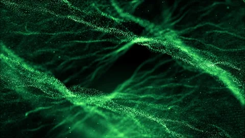 Dynamic abstract green energy waves flowing through dark space background Stock Footage 327593529