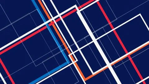 A dynamic abstract grid of intersecting lines and blocks in deep blue, red,.. Stock Illustration