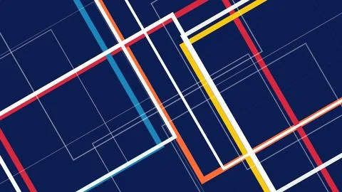 A dynamic abstract layout features overlapping white and colored racing str.. Stock-Illustration
