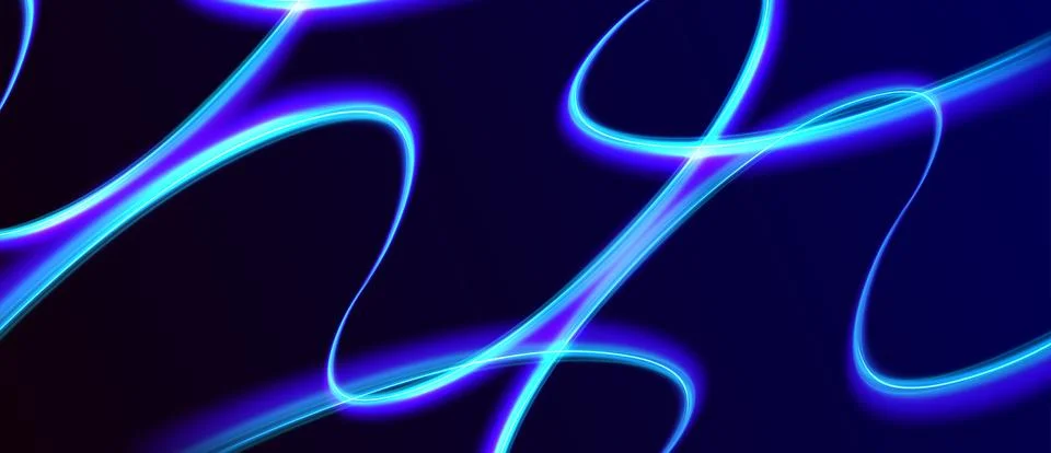 Dynamic abstract neon light trails in vibrant blue and purple glowing on deep 스톡 일러스트