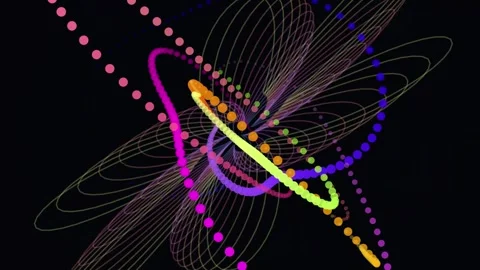 Dynamic abstract particle orbits rotating through three distinct geometric data Vídeo Stock 344583123