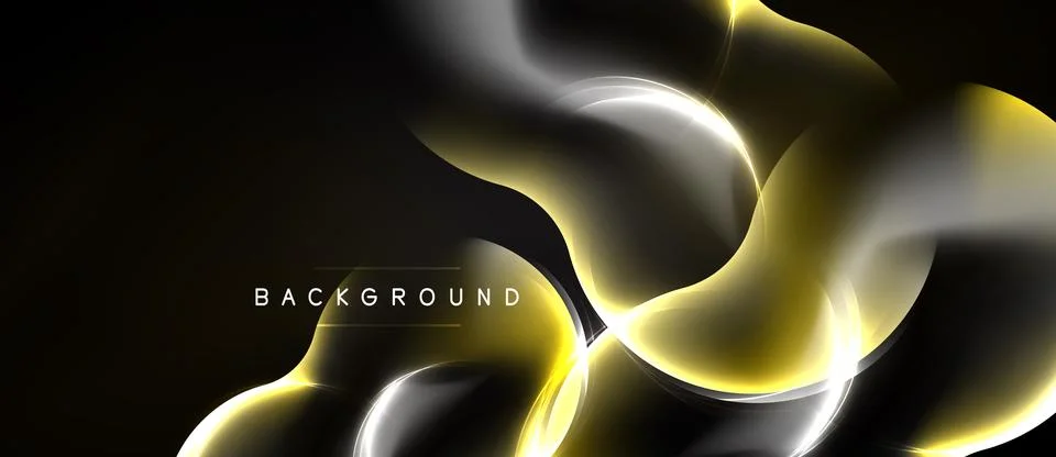 Dynamic abstract shapes, gold, silver hues blend. Dark background creates Illustrazione stock
