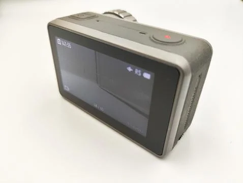 Dynamic Action Camera Isolated on White Background: Essential Gear for Adve.. Stock-Fotos