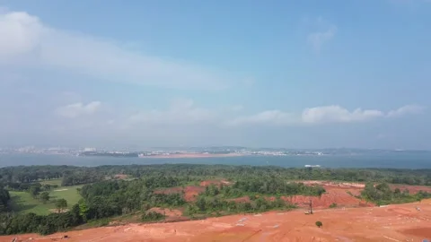 Dynamic aerial perspective of evolving coastal land, green woodlands Stock Footage 319458578