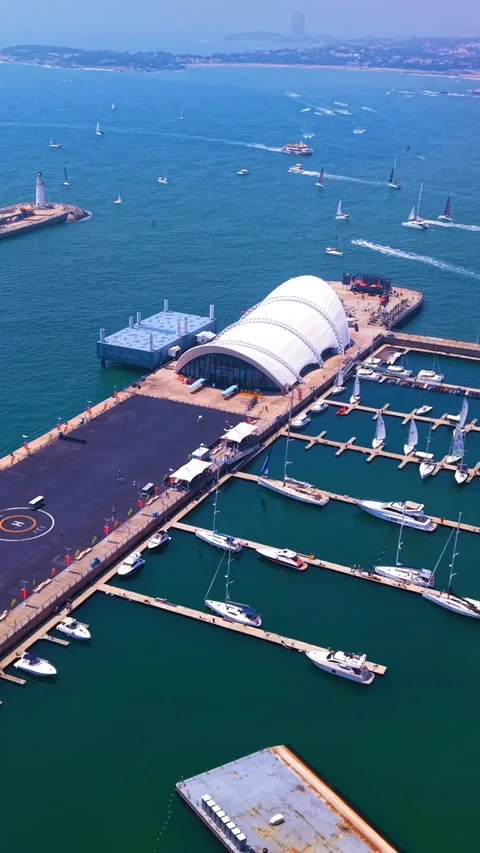 Dynamic Aerial of Qingdao Olympic Sailing Center Marina Stock Footage 330854941