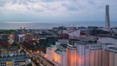 Dynamic Aerial Scene of Malmo Cityscape Transition Timelapse Stock Footage 309565588