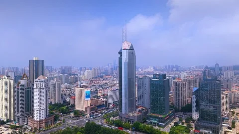 Dynamic Aerial View of Qingdao CBD Skyscrapers Stock Footage 330948822
