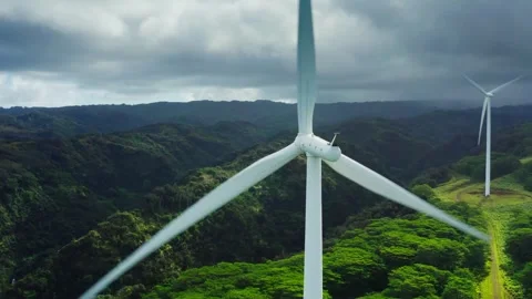 Dynamic Aerial View of Wind Turbines Over Lush Green Landscape 4K UHD Stock Footage 323834944