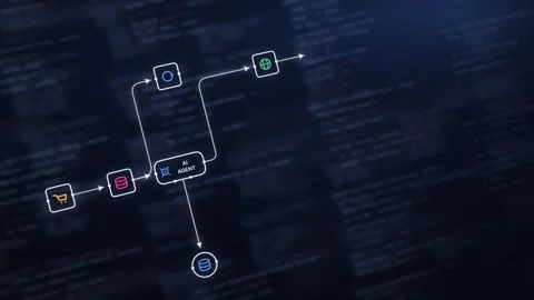 Dynamic AI Agent Workflow Animation Featuring Code and Icons in Dark Indigo Back Stock Footage 341585057