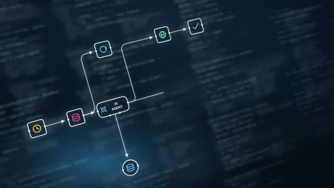 Dynamic AI Agent Workflow Animation Featuring CRM Sync with Dark Background Glow Stock Footage 341585150