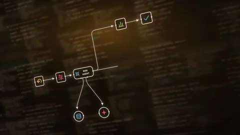 Dynamic AI Agent Workflow Animation Featuring a Dark Amber Background with Glowi Video stock 341586256