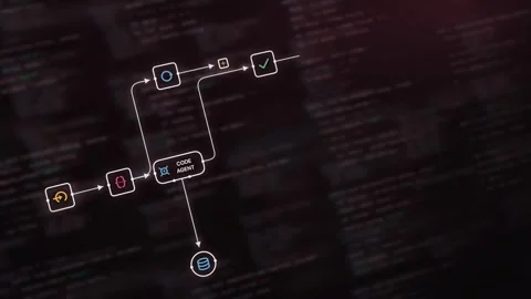 Dynamic AI Agent Workflow Animation Featuring Code Review Elements in Dark Tones Stock Footage 341586945