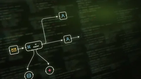 Dynamic AI Agent Workflow Clip Featuring a Blurred Code Background with Soft Gre Stock Footage 341600344