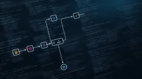 Dynamic AI Agent Workflow for Expense Approval Featuring Navy Background Glowing Stock Footage 341647376