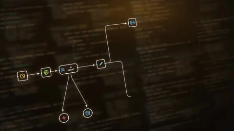 Dynamic AI Agent Workflow with Glowing Code Elements in Amber and Soft Backgroun Stock Footage 341584383