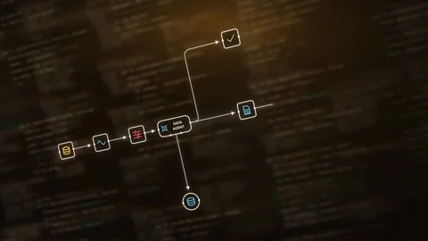 Dynamic AI Agent Workflow Scene Featuring Data Quality with Rich Amber and Dark Stock Footage 341647377
