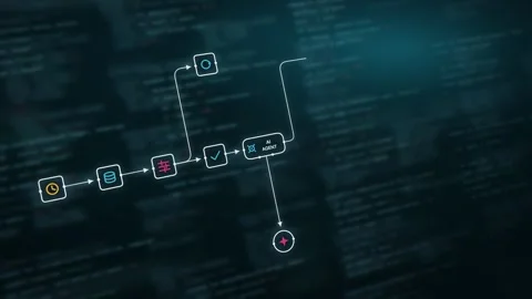 Dynamic AI Agent Workflow Visualization Featuring ETL Warehouse Elements with Cy Stock Footage 341585154