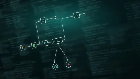 Dynamic AI Agent Workflow Visualization with Teal and Glowing Screen Elements Fe Stock Footage 341586714