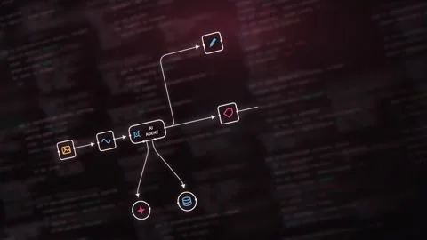 Dynamic AI Agent Workflow Visualization Featuring Dark Background with Glowing E Stock Footage 341601538