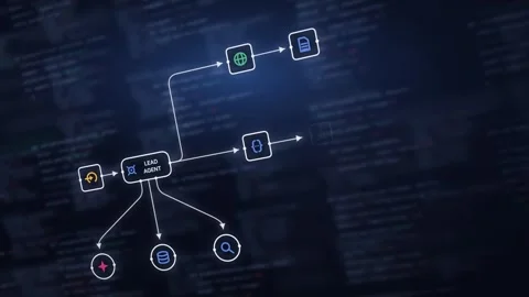 Dynamic AI Agent Workflow Visualization Featuring Indigos and Soft Glows with Co Stock Footage 341601898