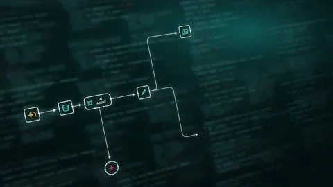 Dynamic AI Agent Workflow Visualization Featuring Teal Screen Glow Coding Elemen Stock Footage 341647596