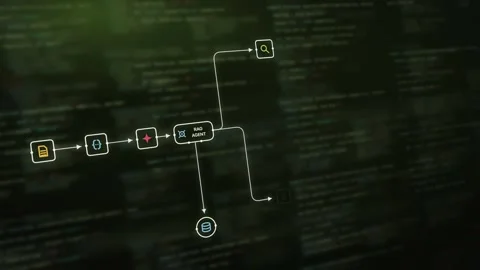 Dynamic AI Agent Workflow Visualization Featuring a Blurred Code Background with Stock Footage 341647620