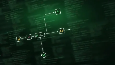 Dynamic AI Agent Workflow Visualization Featuring Matrix Code Elements in Deep G Stock Footage 341647707