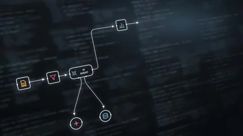 Dynamic AI Agent Workflow Visualization Featuring Dark Ground with Soft Screen G Stock Footage 341647839