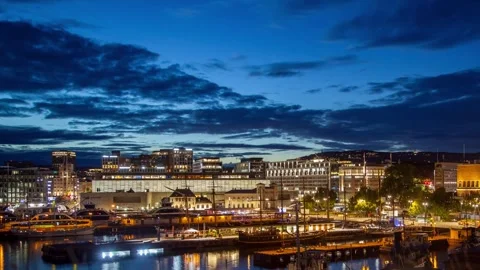Dynamic Aker Brygge Night Scene Timelapse with Boats and Crowds Video stock 308194987