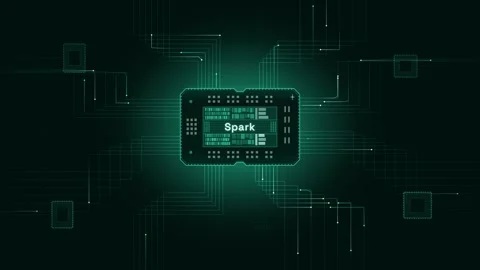 Dynamic and futuristic visualization of a Spark Chip PCB with glowing emerald bu Video stock 340534261