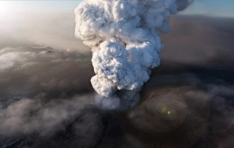 A dynamic animated depiction of a volcano erupting, sending plumes of smoke. Video stock 296970612
