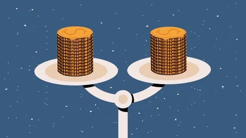Dynamic animation of balance scale with stacks of gold coins, illustrating .. Stock Footage 333898152