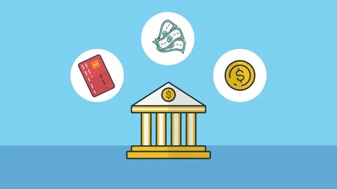Dynamic animation of bank building with flying credit card, money bills, an.. Stock Footage 334540802