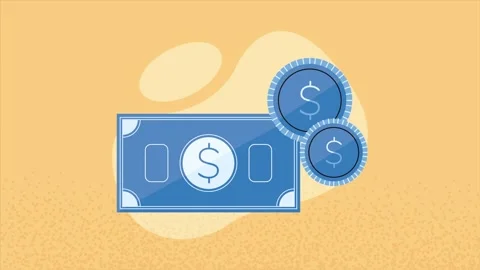 Dynamic animation of blue banknote and two coins with dollar signs in motio.. Stock-Footage 338399373