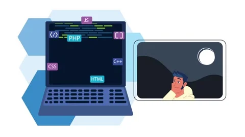 Dynamic animation of coding on laptop with programming languages and though.. Stock Footage 334522931