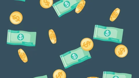 A dynamic animation of dollar bills and coins falling from top to bottom, c.. Video stock 333608554