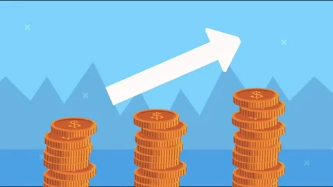 Dynamic animation of dollar coin stacks growing and white arrow showing upw.. Stock Footage 339335795