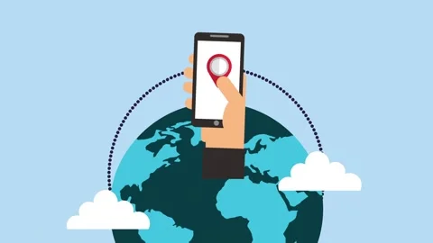 Dynamic animation of mobile phone with location pin on world globe, symboli.. Video stock 334268846