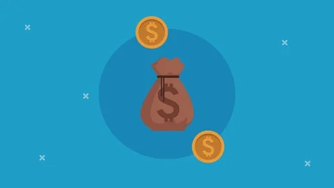 Dynamic animation of money bag with dollar symbol and falling gold coins on.. Видео 334263250