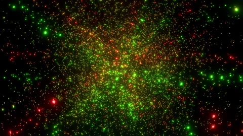 Dynamic animation of moving slowly through dense nebula of random red and green Video stock 342674182