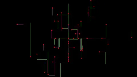 Dynamic Animation of Neon Circuit Lines Connecting with Red Nodes on Black Stock Footage 297755289