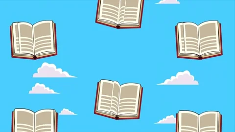 Dynamic animation of open books floating and spinning in a vibrant blue sky.. Stockbeeldmateriaal 338398891