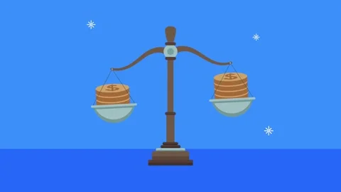 A dynamic animation showcasing a balance scale with gold coins on both side.. Video stock 334535661