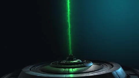 Dynamic animation of stylised future technology lazer emitter on a dark Stock Footage 302823070