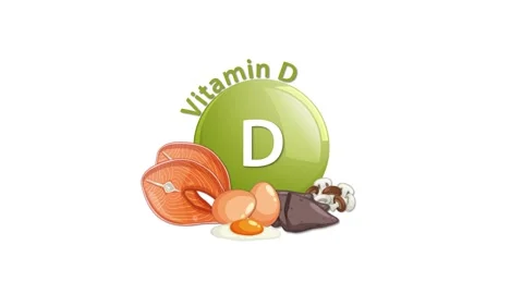 Dynamic animation of vitamin D symbol with salmon, eggs, and mushrooms appe.. Stock Footage 332763625